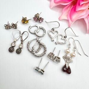 10 Pair Silver Vintage To Now Earring Lot Studs Hoops Dangle CZ Pearl Tested